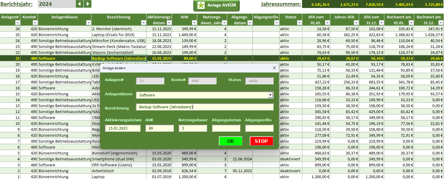 Anlagenverzeichnis in Excel: Wirtschaftsgüter mit AfA, Jahres-AfA und Buchwerten in tabellarischer Übersicht