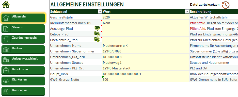 Einstellungen der BuchhaltungsZentrale: Kleinunternehmer-Status, GWG-Grenze und Navigation zu Anlagen, Reisekosten, Kfz und Kontenplan