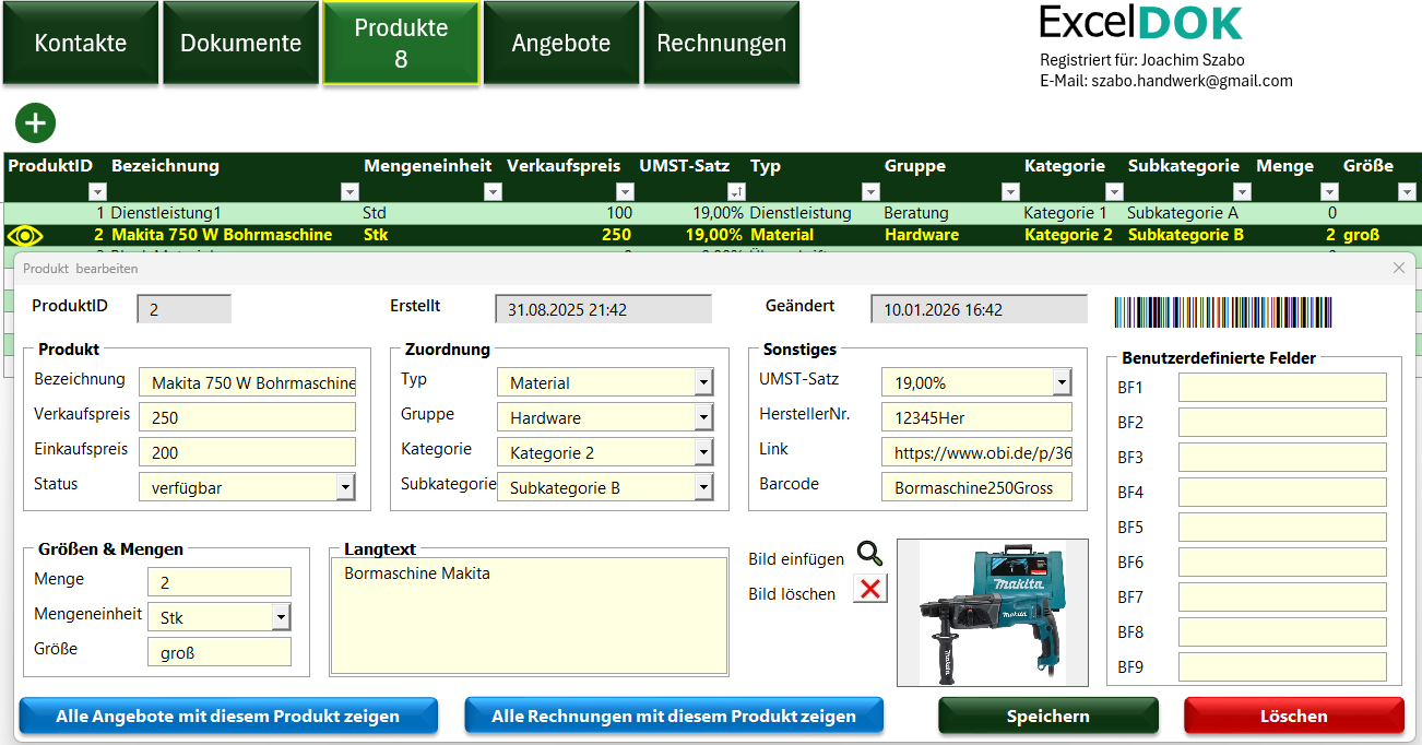 ChefZentrale Produktverwaltung in Excel mit Preisen und Kategorien