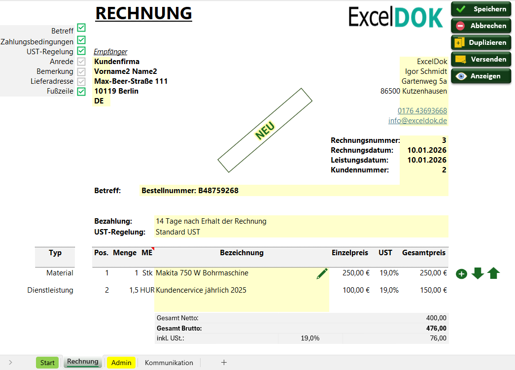 ChefZentrale E-Rechnung in Excel nach EN 16931