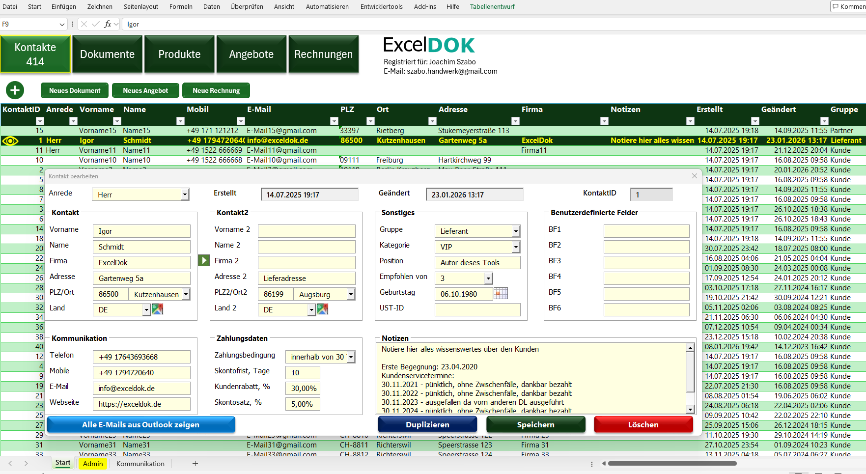 ChefZentrale Kundenübersicht in Excel mit Kontakten, Notizen und Dokumenten