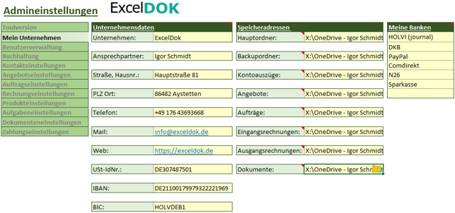 ERP Admineinstellungen: Unternehmensdaten, Speicheradressen und Bankverbindungen in Excel