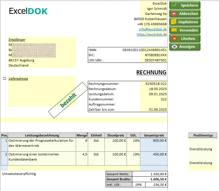 Rechnung in Excel erstellen: professionelle Rechnungsvorlage mit Positionen, IBAN und Netto/Brutto-Berechnung