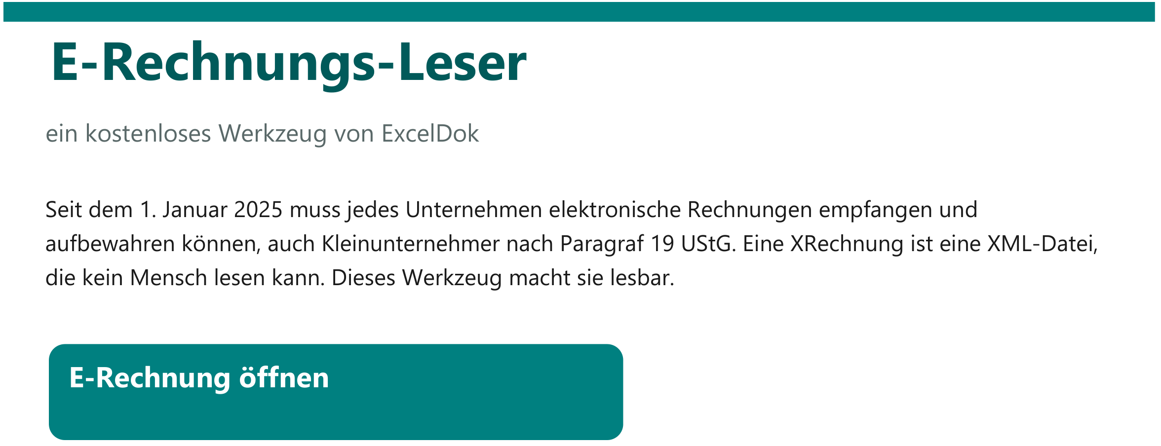 E-Rechnungs-Leser: Startseite des kostenlosen Excel-Werkzeugs