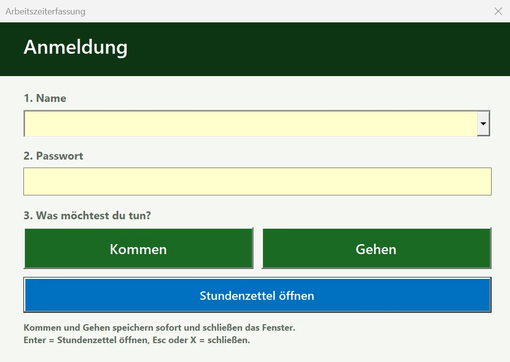 Arbeitszeiterfassung: Anmeldefenster mit Passwort und Knöpfen für Kommen und Gehen