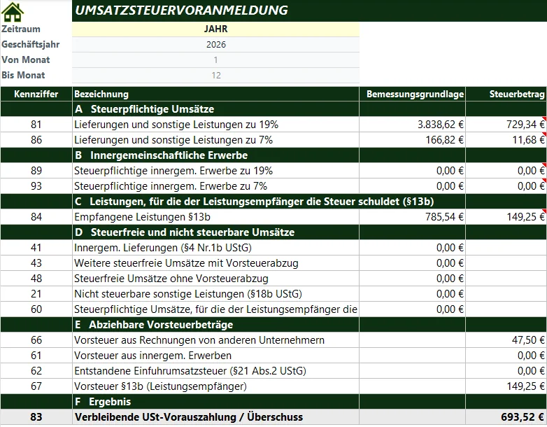 Umsatzsteuer-Voranmeldung in der BuchhaltungsZentrale: amtlicher Vordruck mit Bemessungsgrundlage und Steuer