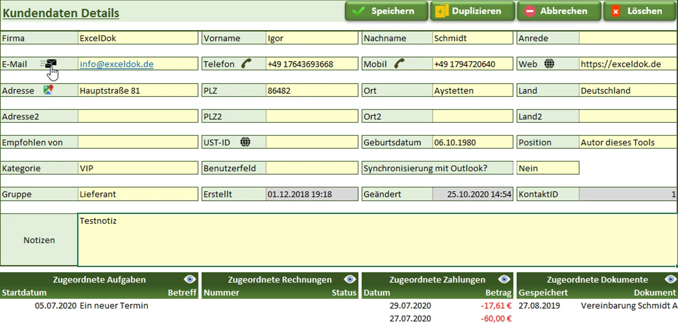 ERP: Kundendetails mit zugeordneten Aufgaben, Rechnungen, Zahlungen und Dokumenten