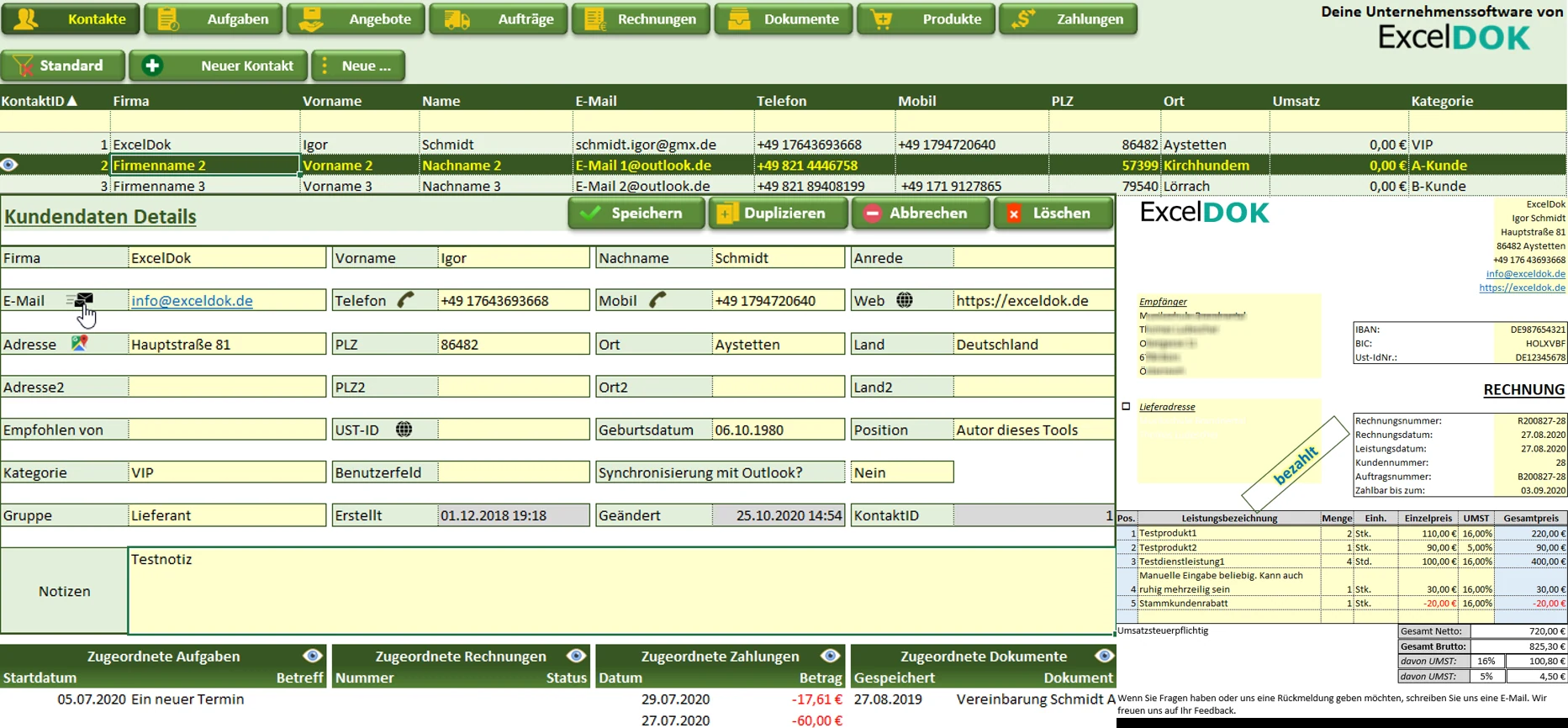 ERP in Excel: Kontaktliste, Kundendetails mit zugeordneten Aufgaben, Rechnungen, Zahlungen und Dokumenten, daneben eine Rechnung